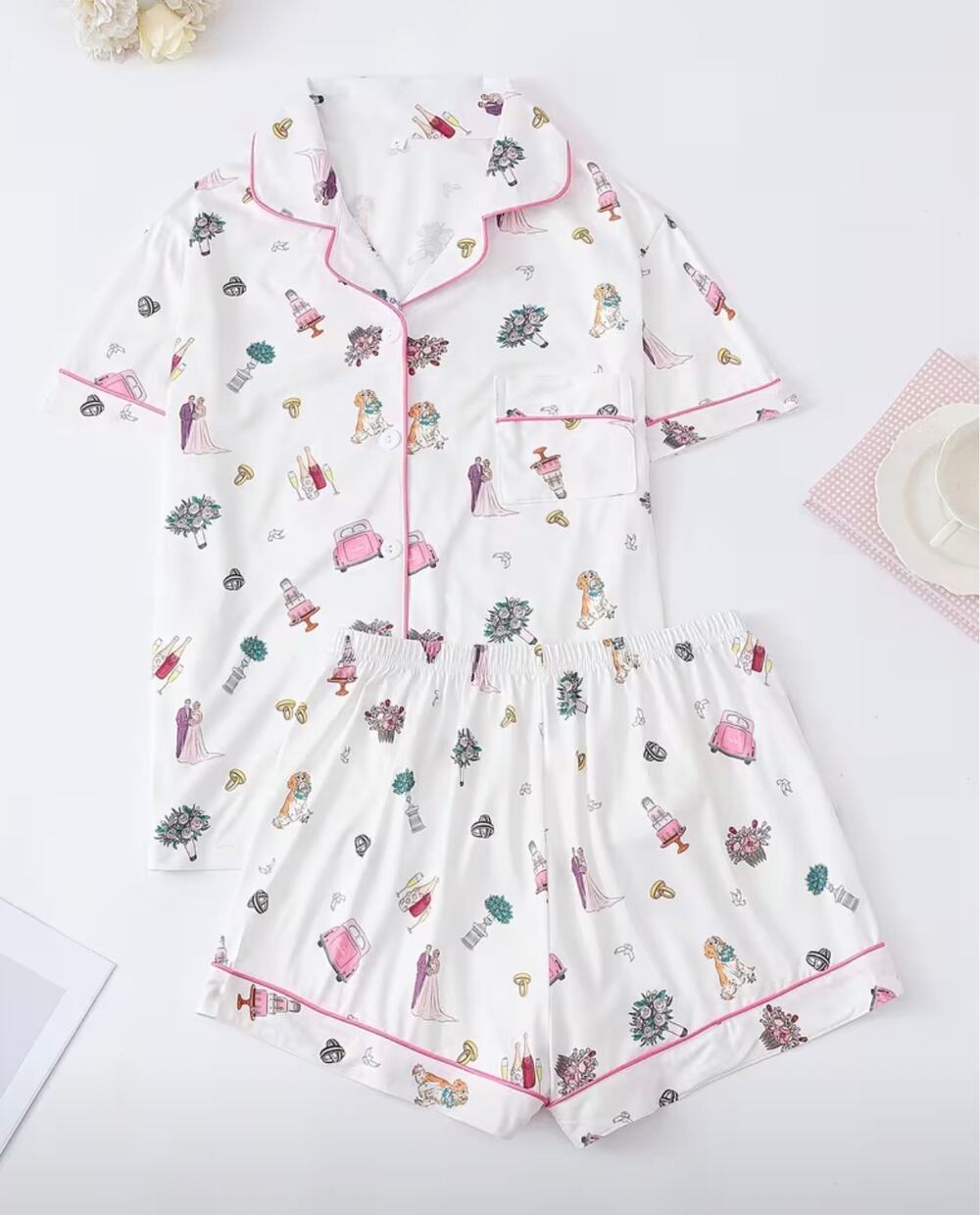Women's 2-Piece Wedding Print Sleepwear Set Short Sleeve Shorts Extra Large